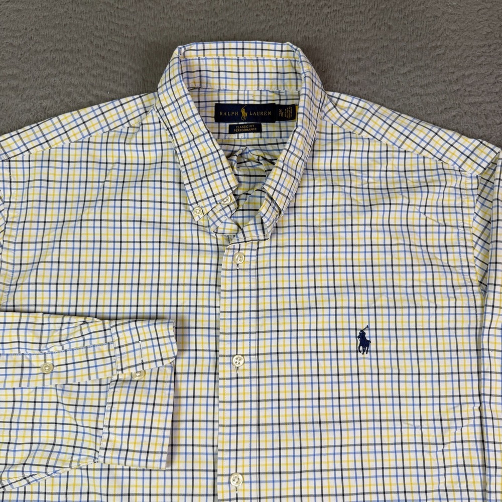 Ralph Lauren Performance Shirt Mens XL Yellow Plaid Pony Classic Button Down